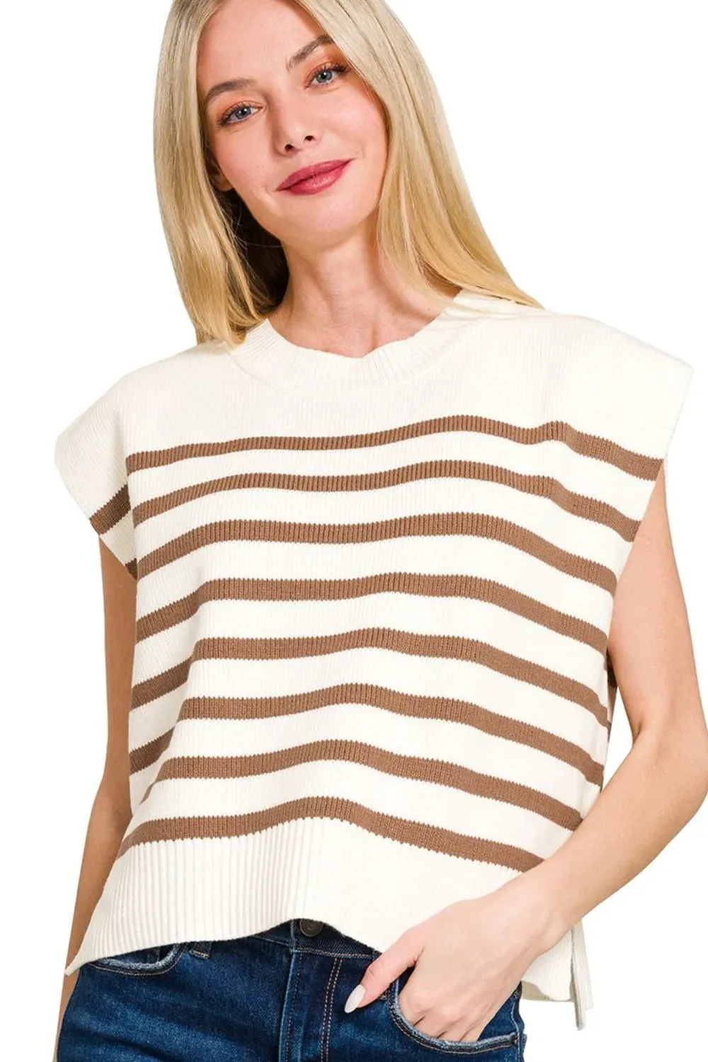 Zenana Oversized Crew Neck Stripe Sweater Vest sold by Charming Charlie