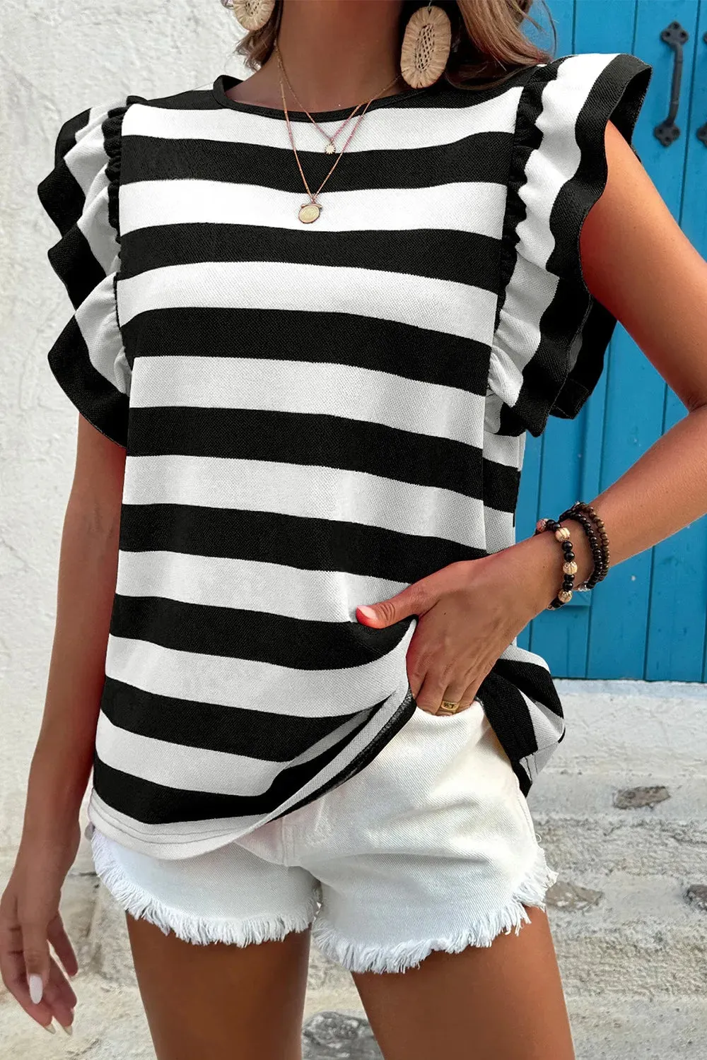 Ruffle Sleeve Striped T-Shirt sold by Charming Charlie
