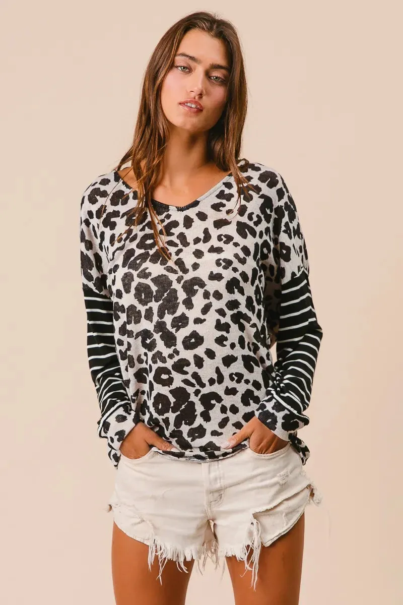 BiBi Leopard Hacci Knit Twist Back Top With Stripe Sleeve sold by Charming Charlie product image thumbnail 4