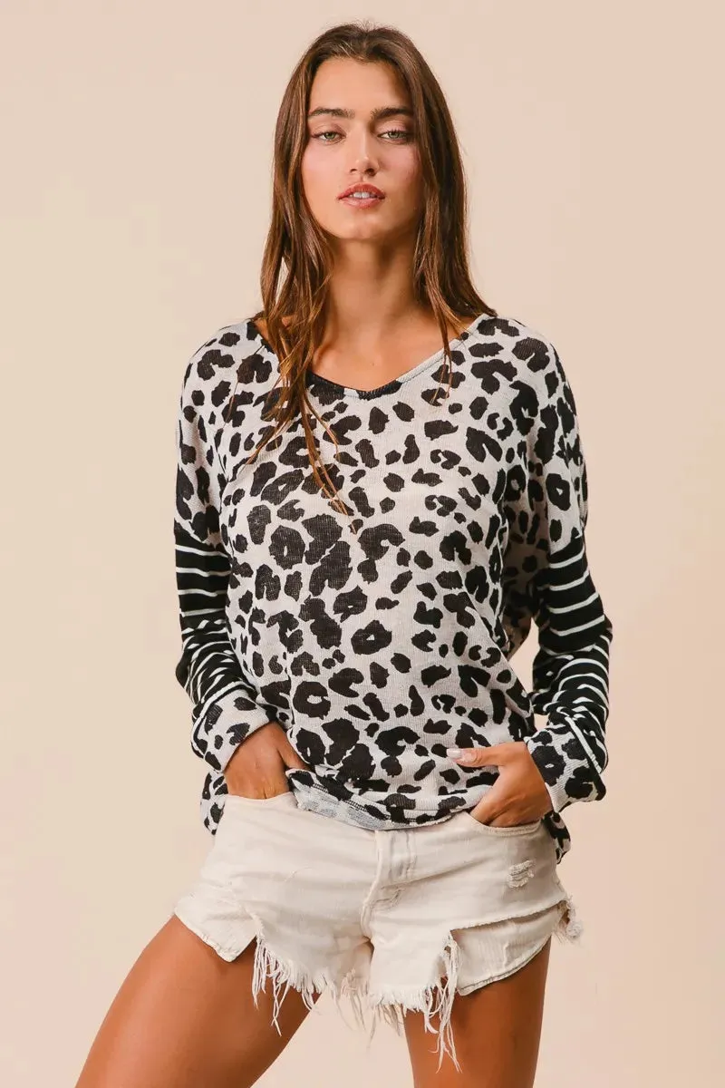 BiBi Leopard Hacci Knit Twist Back Top With Stripe Sleeve sold by Charming Charlie product image thumbnail 3