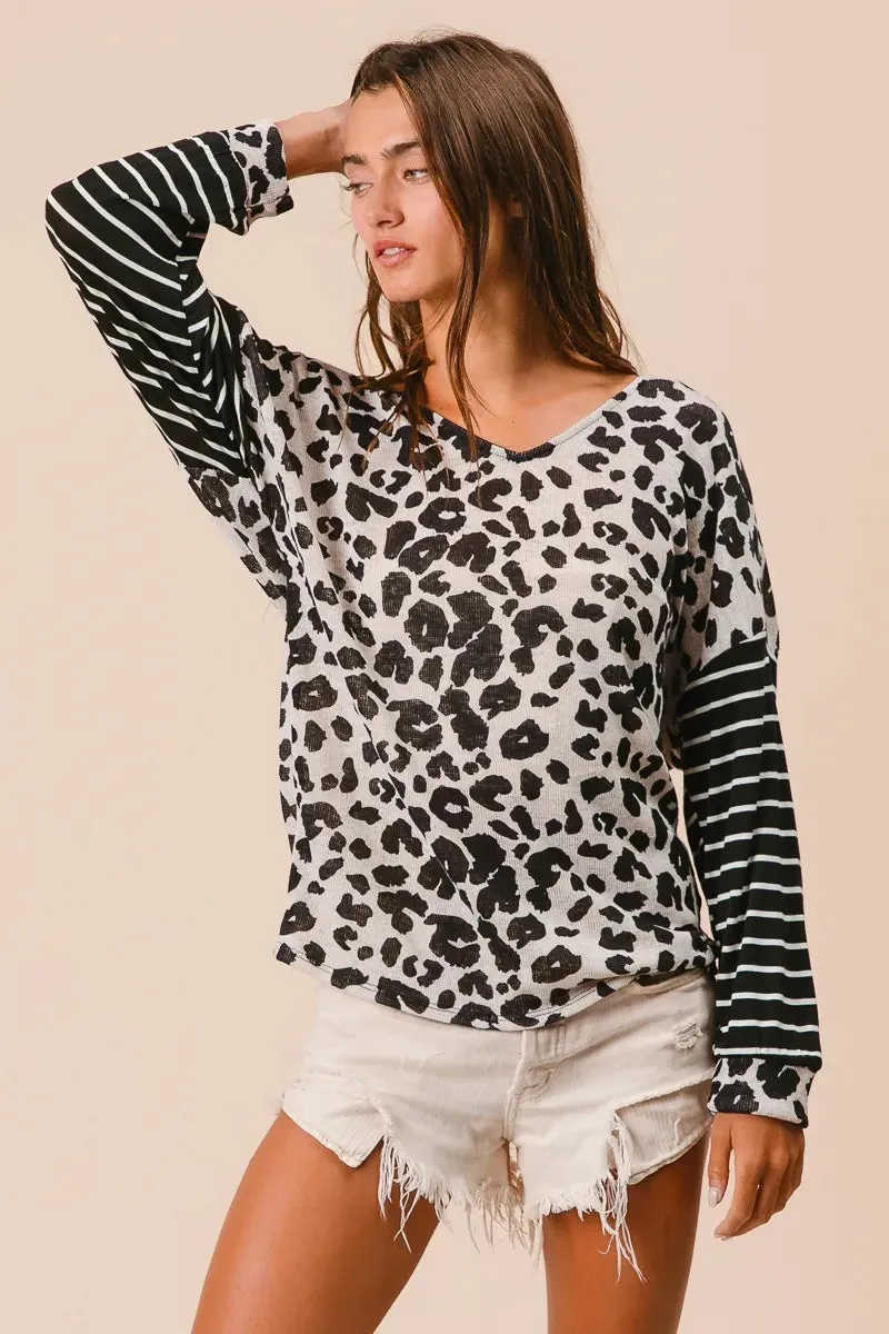 BiBi Leopard Hacci Knit Twist Back Top With Stripe Sleeve sold by Charming Charlie product image thumbnail 2