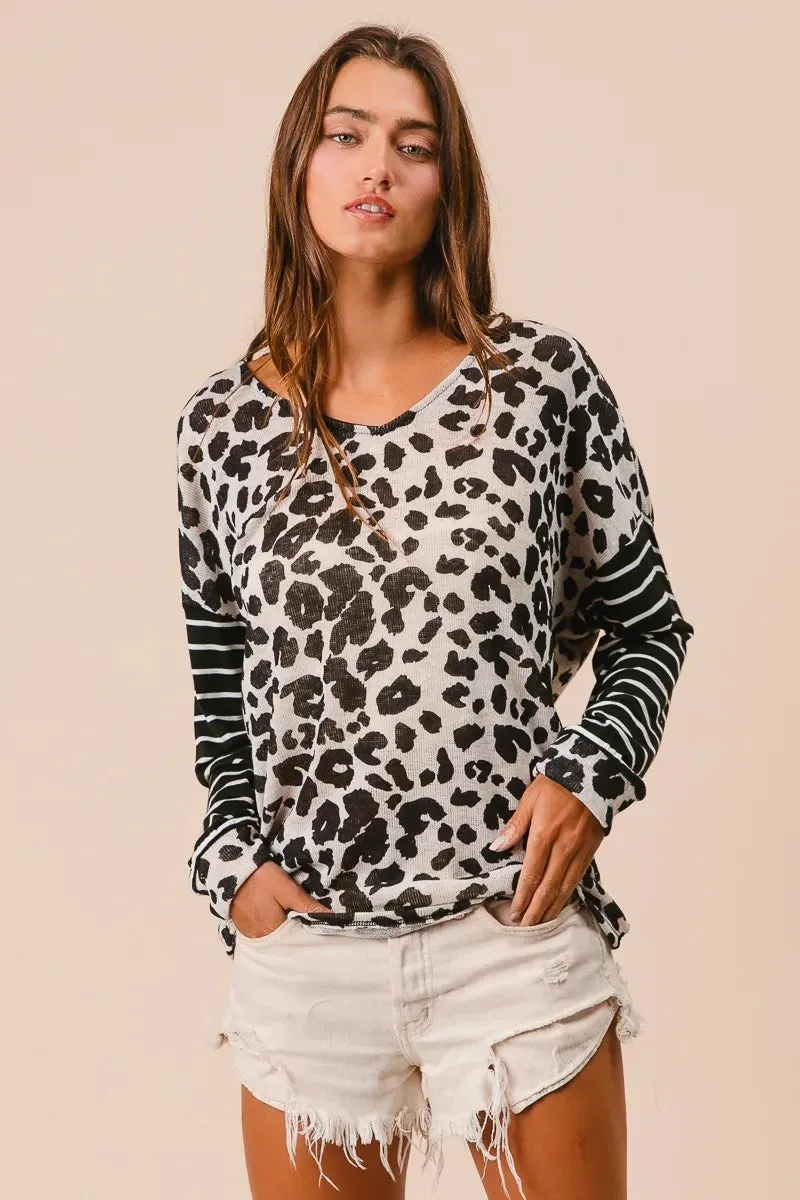 BiBi Leopard Hacci Knit Twist Back Top With Stripe Sleeve sold by Charming Charlie product image thumbnail 5