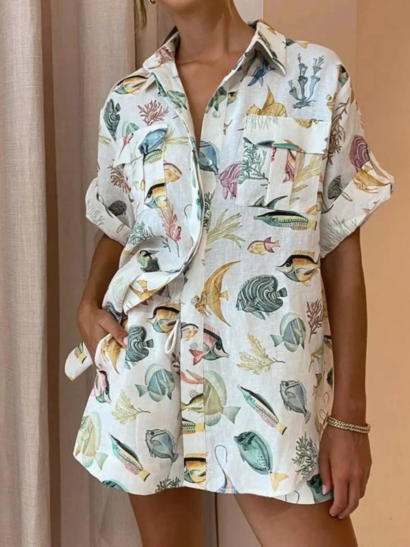 Tropical Print Oversized Button-Up Shirt and Shorts Set sold by Charming Charlie product image thumbnail 2