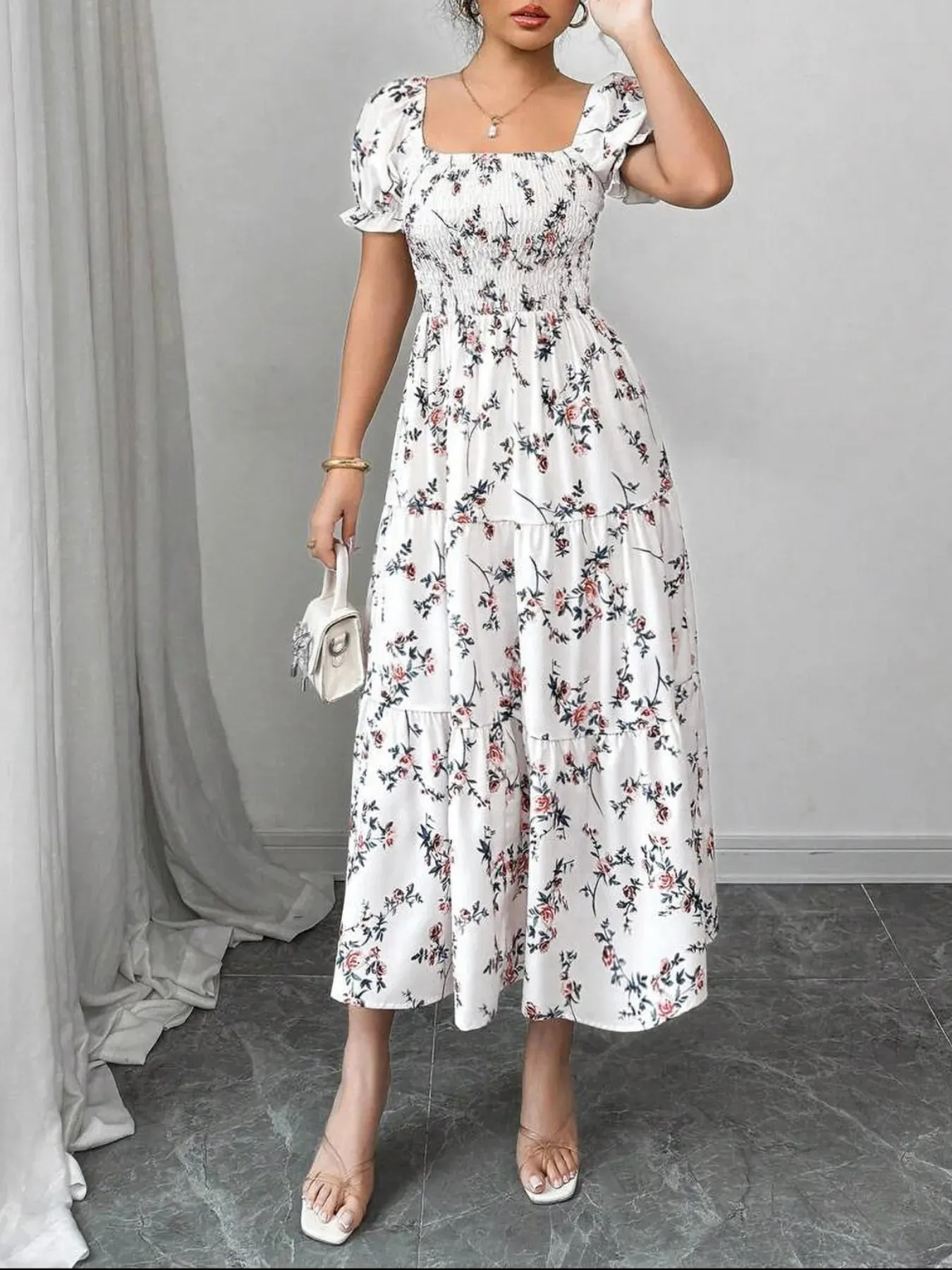 Floral Print Square Neck Puff Sleeve Midi Dress sold by Charming Charlie product image thumbnail 4