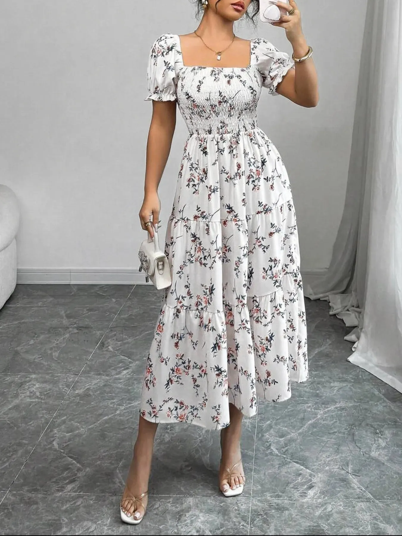 Floral Print Square Neck Puff Sleeve Midi Dress sold by Charming Charlie product image thumbnail 5