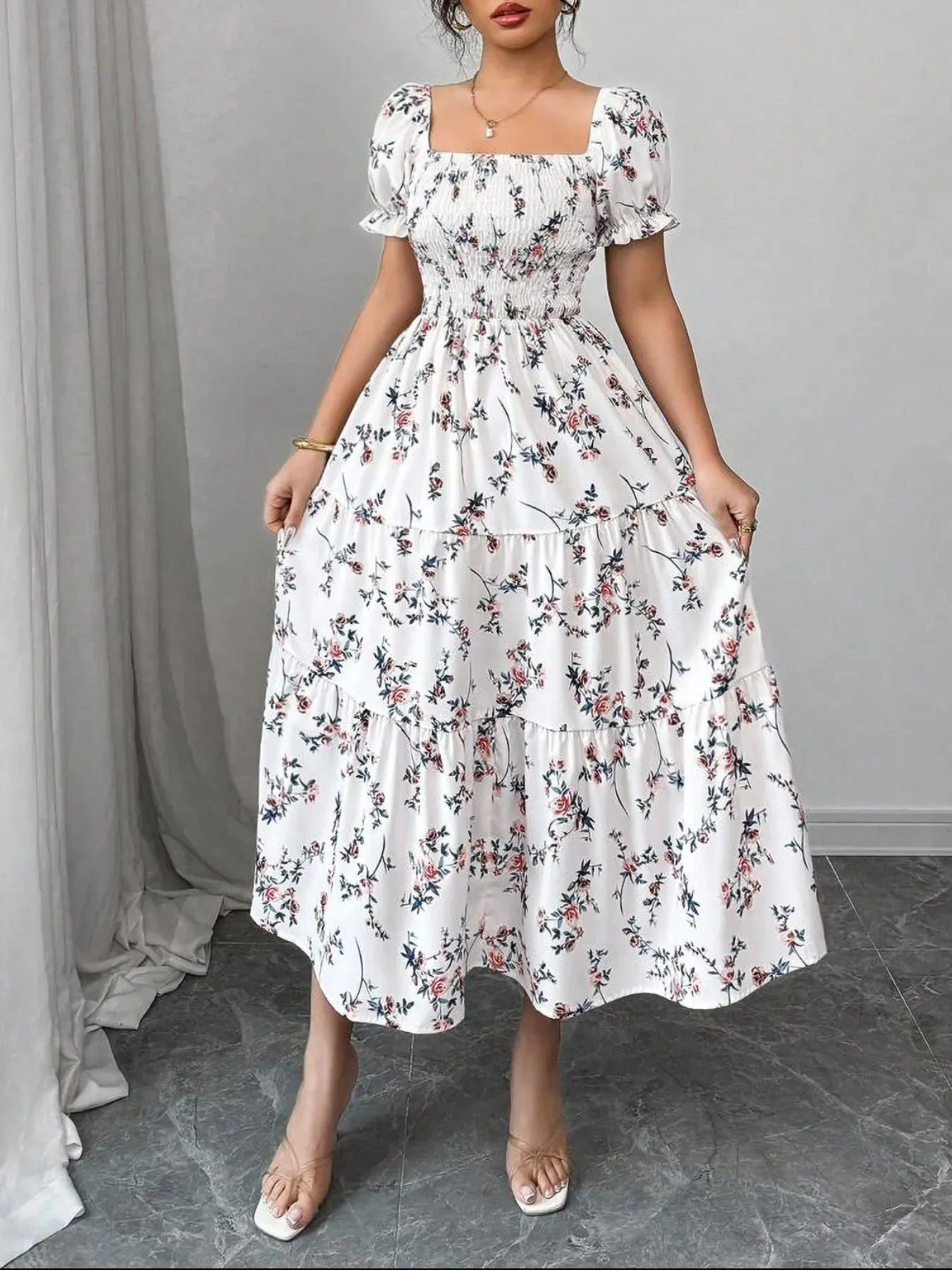 Floral Print Square Neck Puff Sleeve Midi Dress sold by Charming Charlie