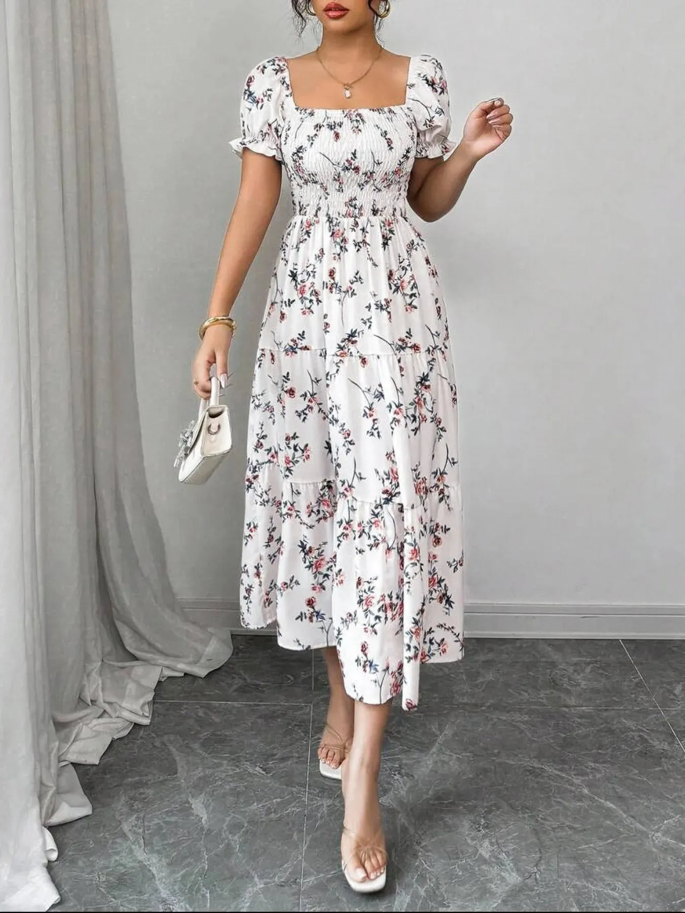 Floral Print Square Neck Puff Sleeve Midi Dress sold by Charming Charlie product image thumbnail 3