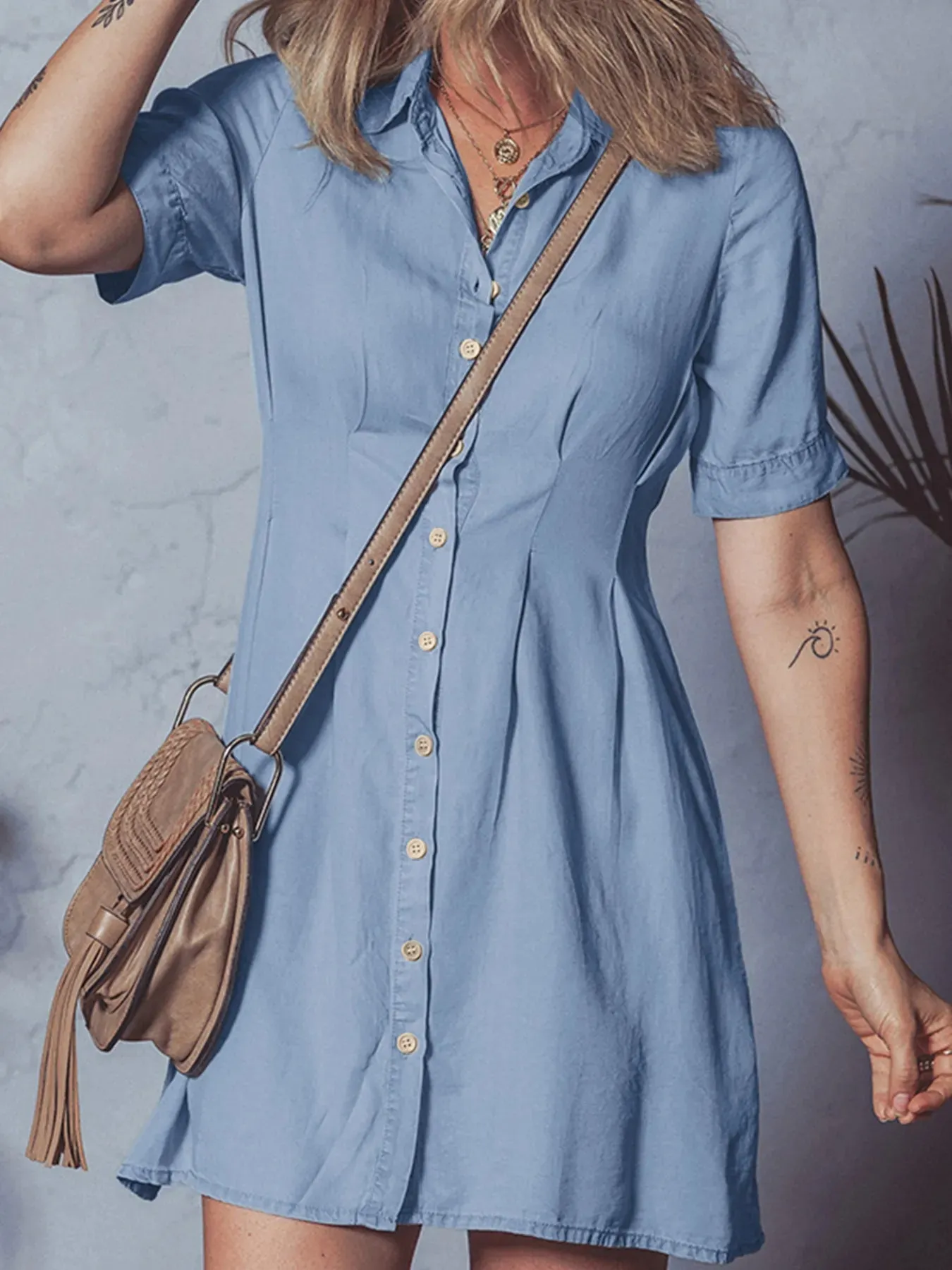 Denim Pleated Slim Waist Short Sleeve Shirt Dress sold by Charming Charlie