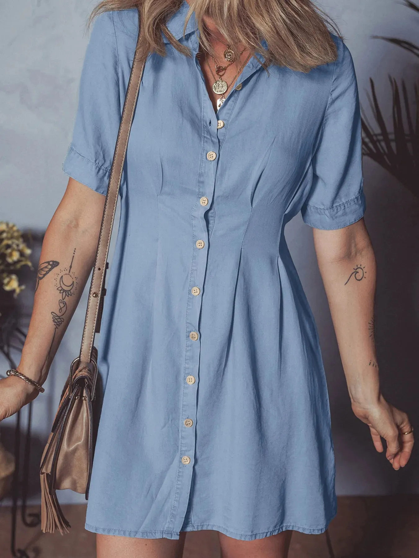 Denim Pleated Slim Waist Short Sleeve Shirt Dress sold by Charming Charlie product image thumbnail 5