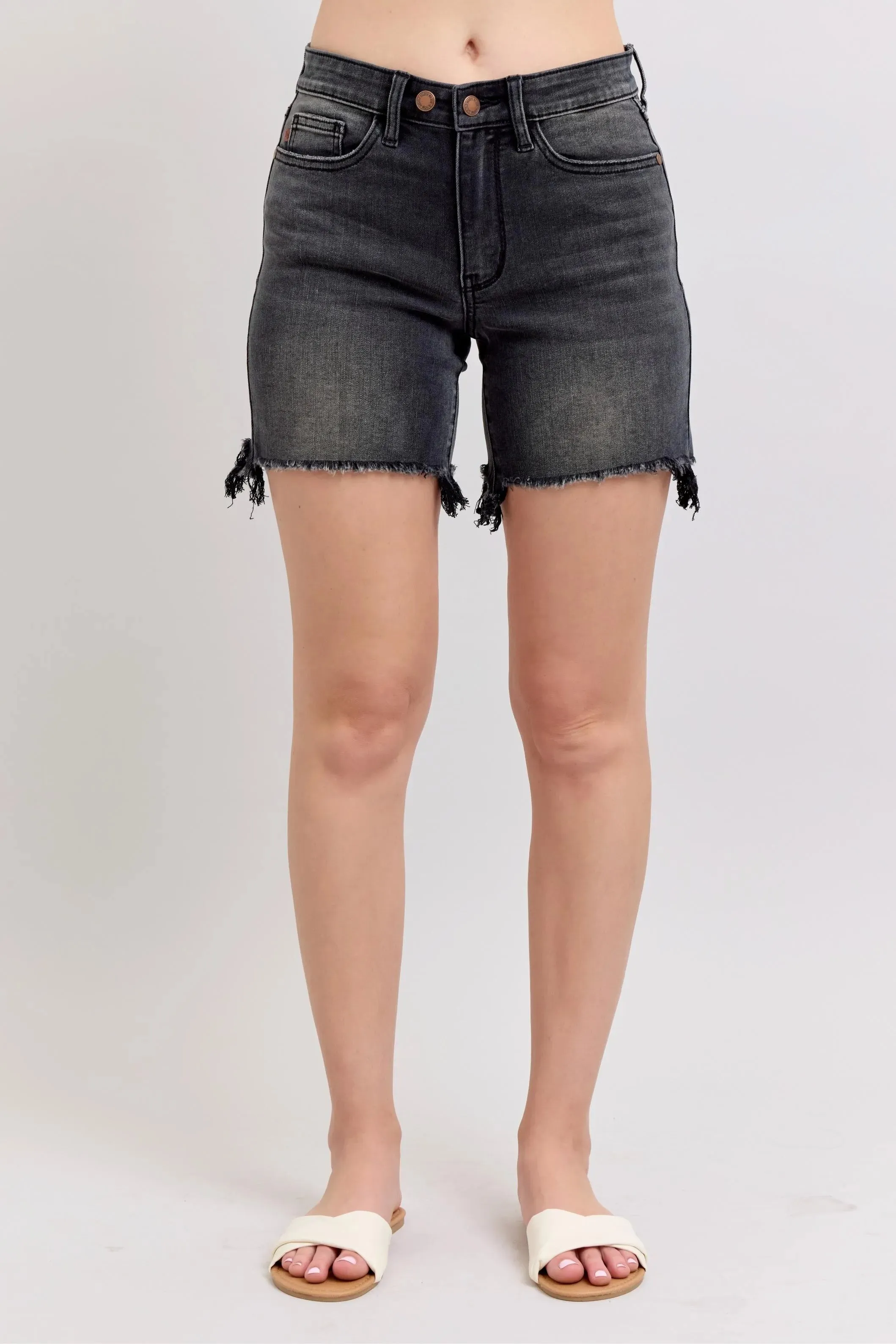 Judy Blue Full Size Long Cut Off 2 Button Dad Denim Shorts Plus Size sold by Charming Charlie