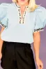 Contrast Leopard Trim Split Neck Puff Sleeve Blouse sold by Charming Charlie