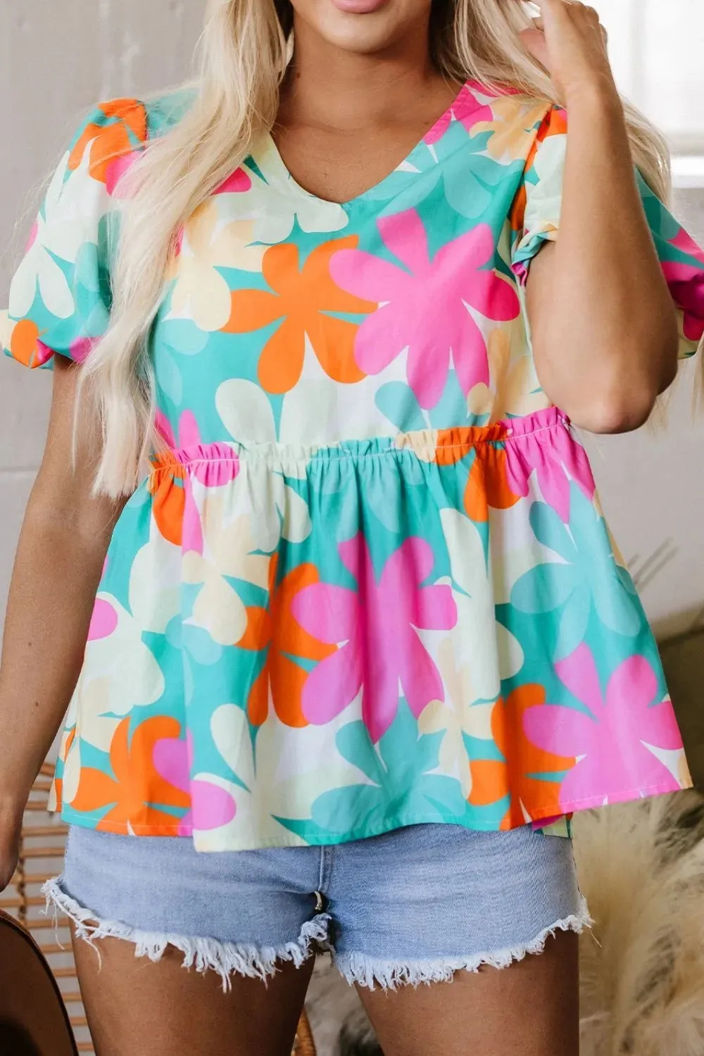Floral Print Bubble Sleeve V Neck Peplum Blouse sold by Charming Charlie