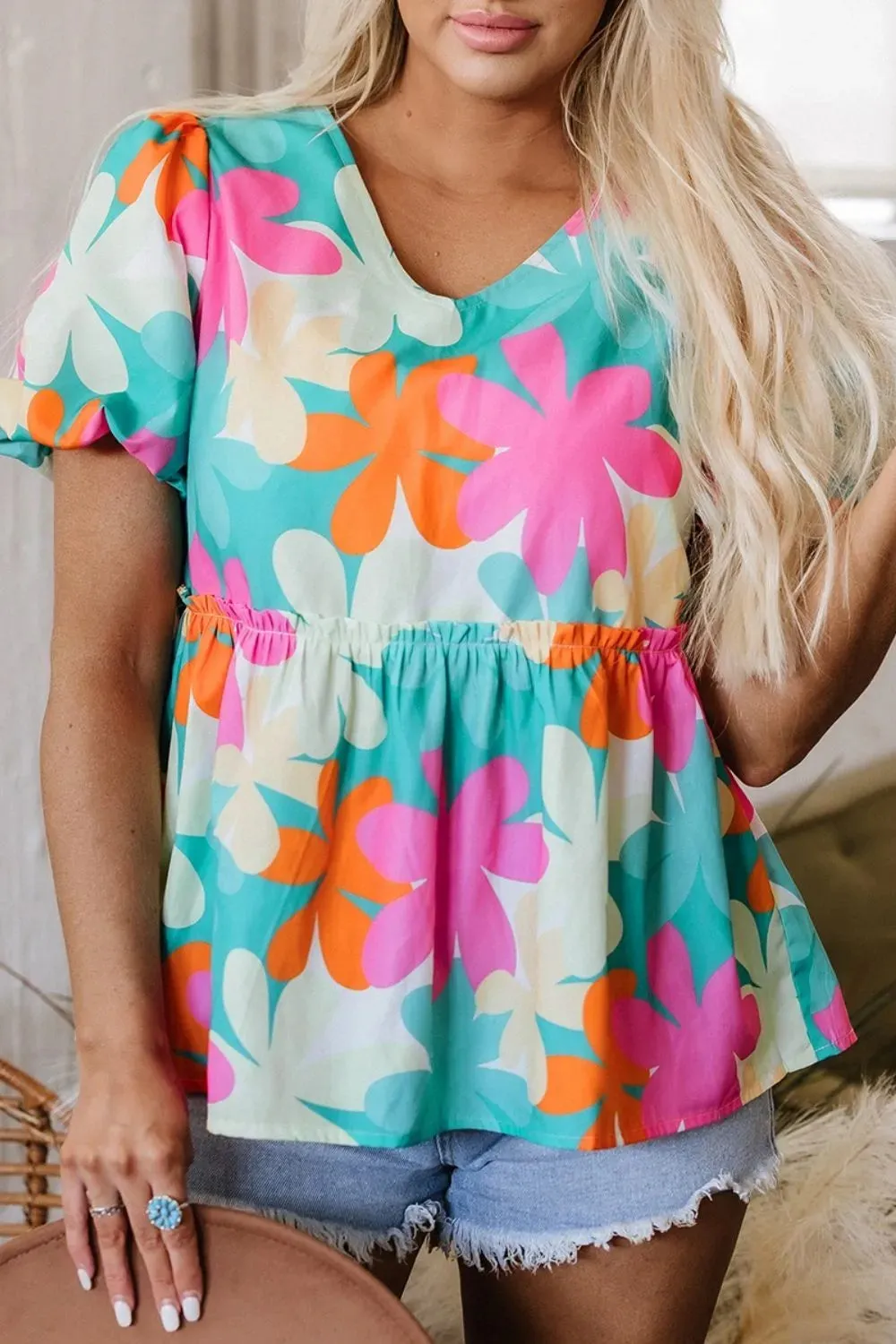 Floral Print Bubble Sleeve V Neck Peplum Blouse sold by Charming Charlie product image thumbnail 3