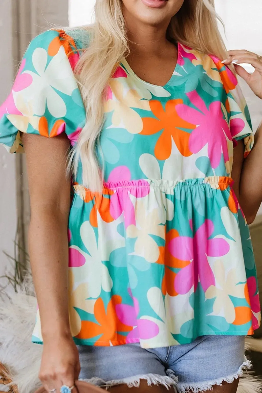 Floral Print Bubble Sleeve V Neck Peplum Blouse sold by Charming Charlie product image thumbnail 5