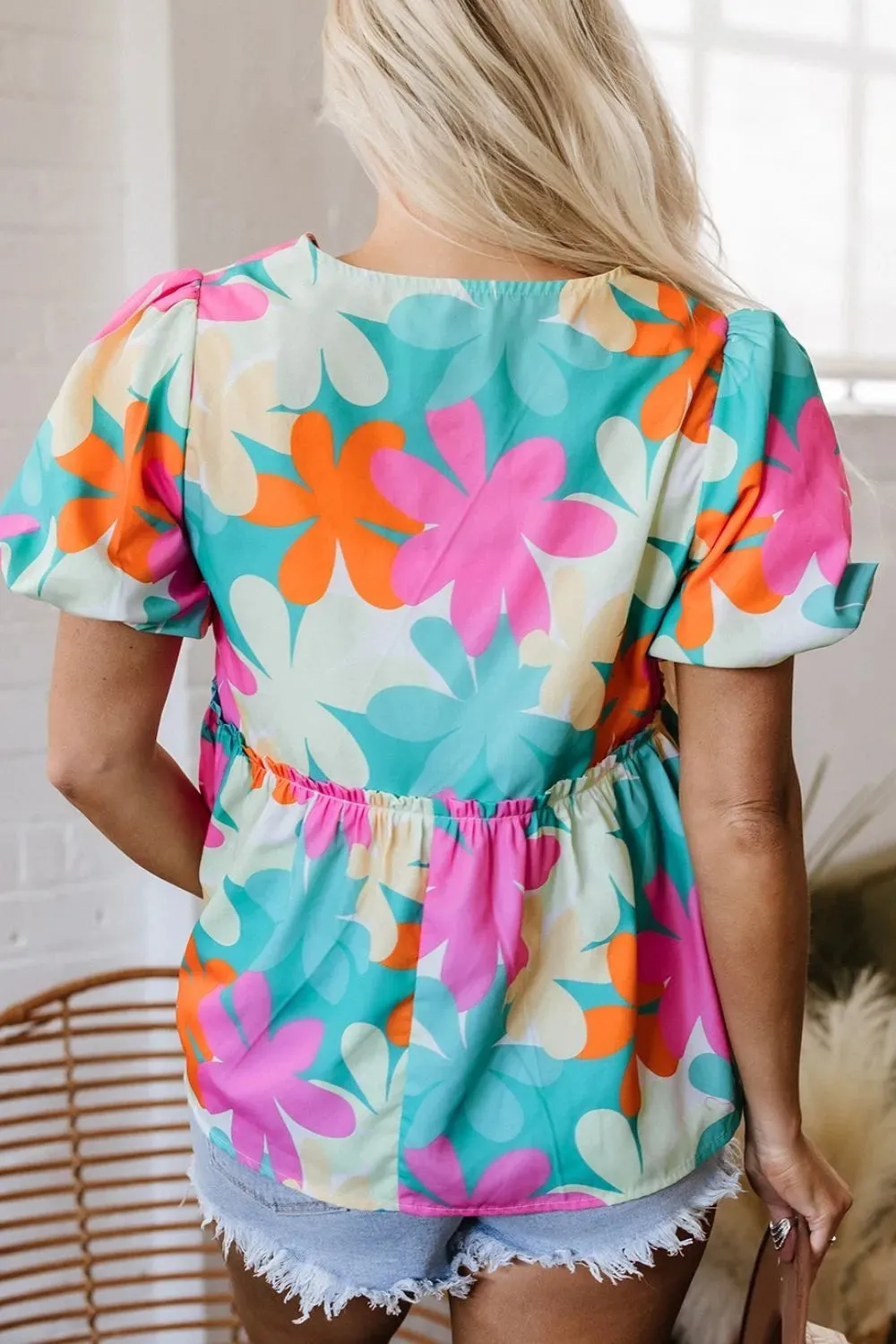 Floral Print Bubble Sleeve V Neck Peplum Blouse sold by Charming Charlie product image thumbnail 2