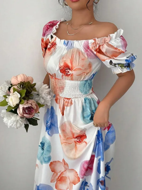 Floral Off Shoulder Smocked Waist Maxi Dress sold by Charming Charlie