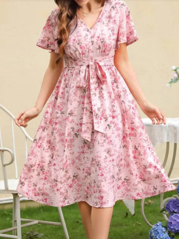 Floral Print V-Neck Belted Midi Dress sold by Charming Charlie