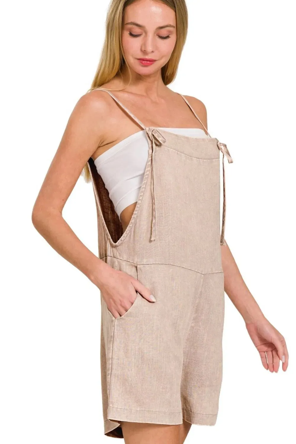 Zenana Washed Linen Knot Strap Rompers sold by Charming Charlie product image thumbnail 2