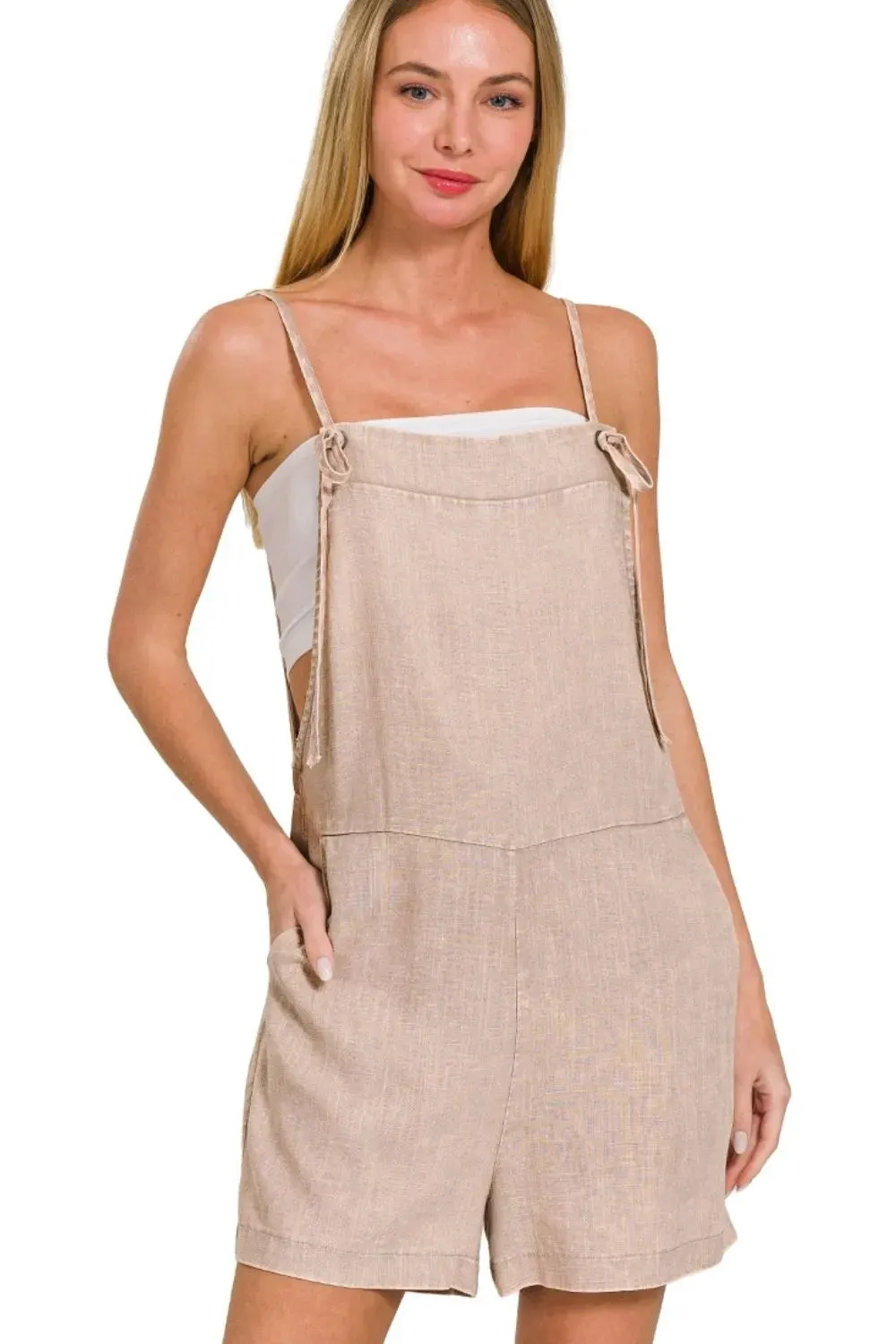 Zenana Washed Linen Knot Strap Rompers sold by Charming Charlie