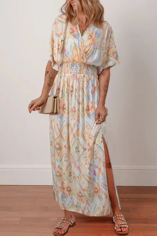 Printed Half Sleeve Shirred High Waist Maxi Dress sold by Charming Charlie