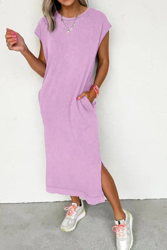 Side Split Round Neck Cap Sleeve T-Shirt Dress sold by Charming Charlie