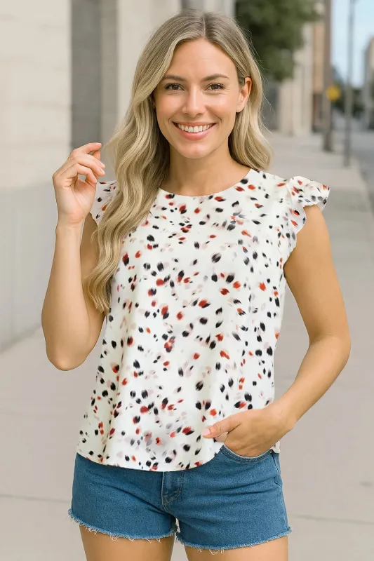 Abstract Print Ruffle Flutter Sleeve Keyhole Back Slim Blouse sold by Charming Charlie
