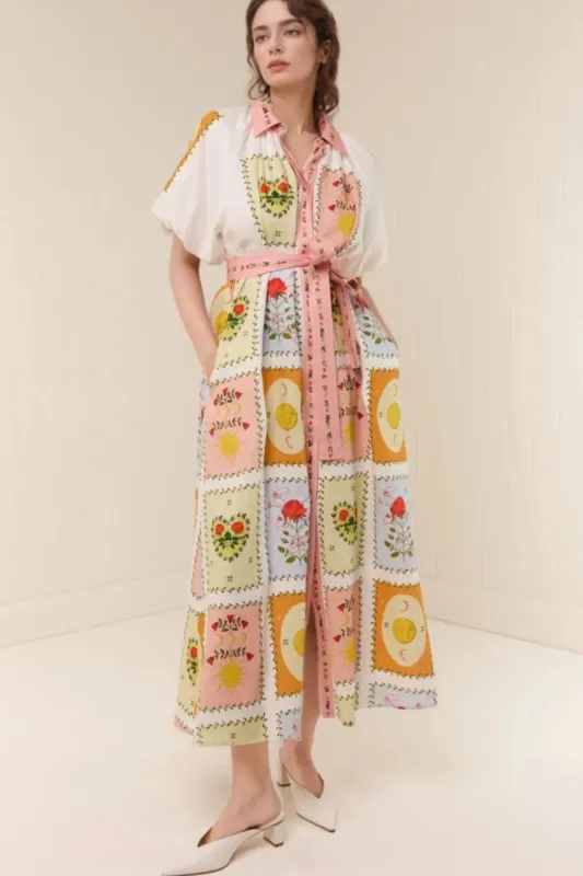 Printed Short Sleeve Belted Maxi Dress sold by Charming Charlie