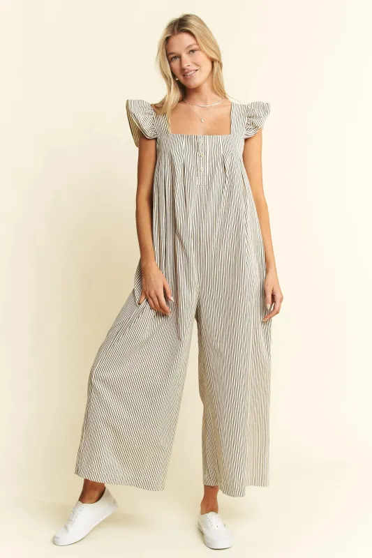 Jade By Jane Stripe Sleeveless Ruffle Jumpsuit sold by Charming Charlie