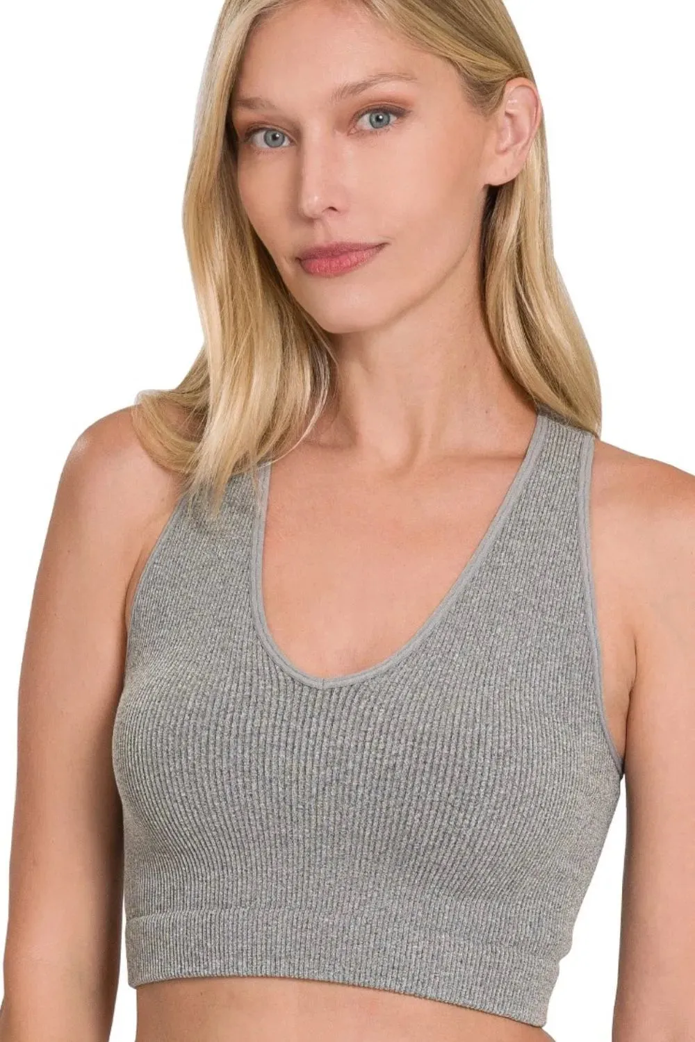 Zenana Seamless Ribbed Cropped Racerback Tank Top sold by Charming Charlie