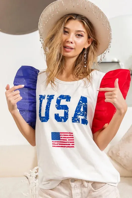 BiBi USA Theme Color Block Organza Ruffle Sleeve Top sold by Charming Charlie