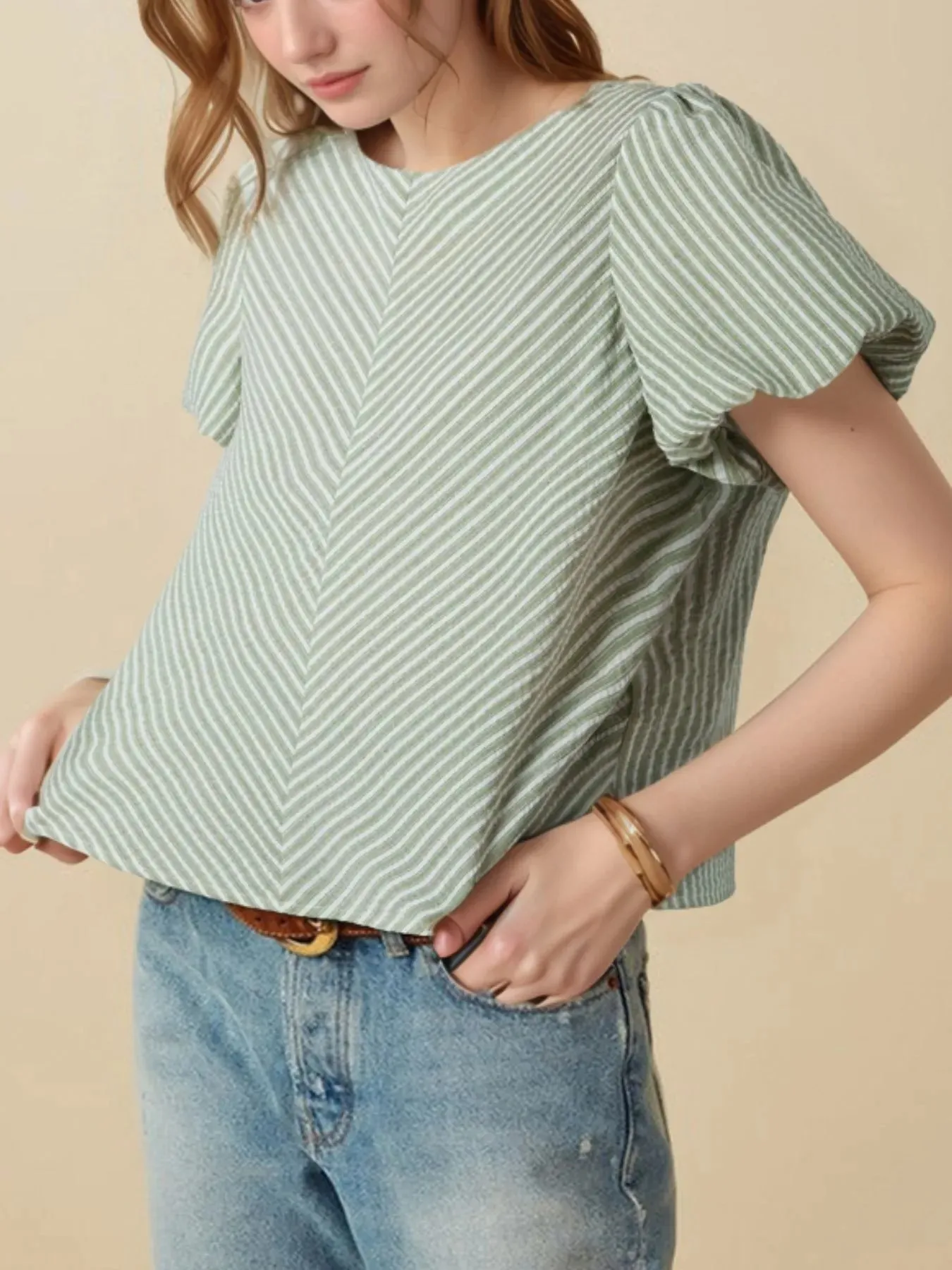 Stripe Textured Round Neck Short Puff Sleeve Blouse sold by Charming Charlie