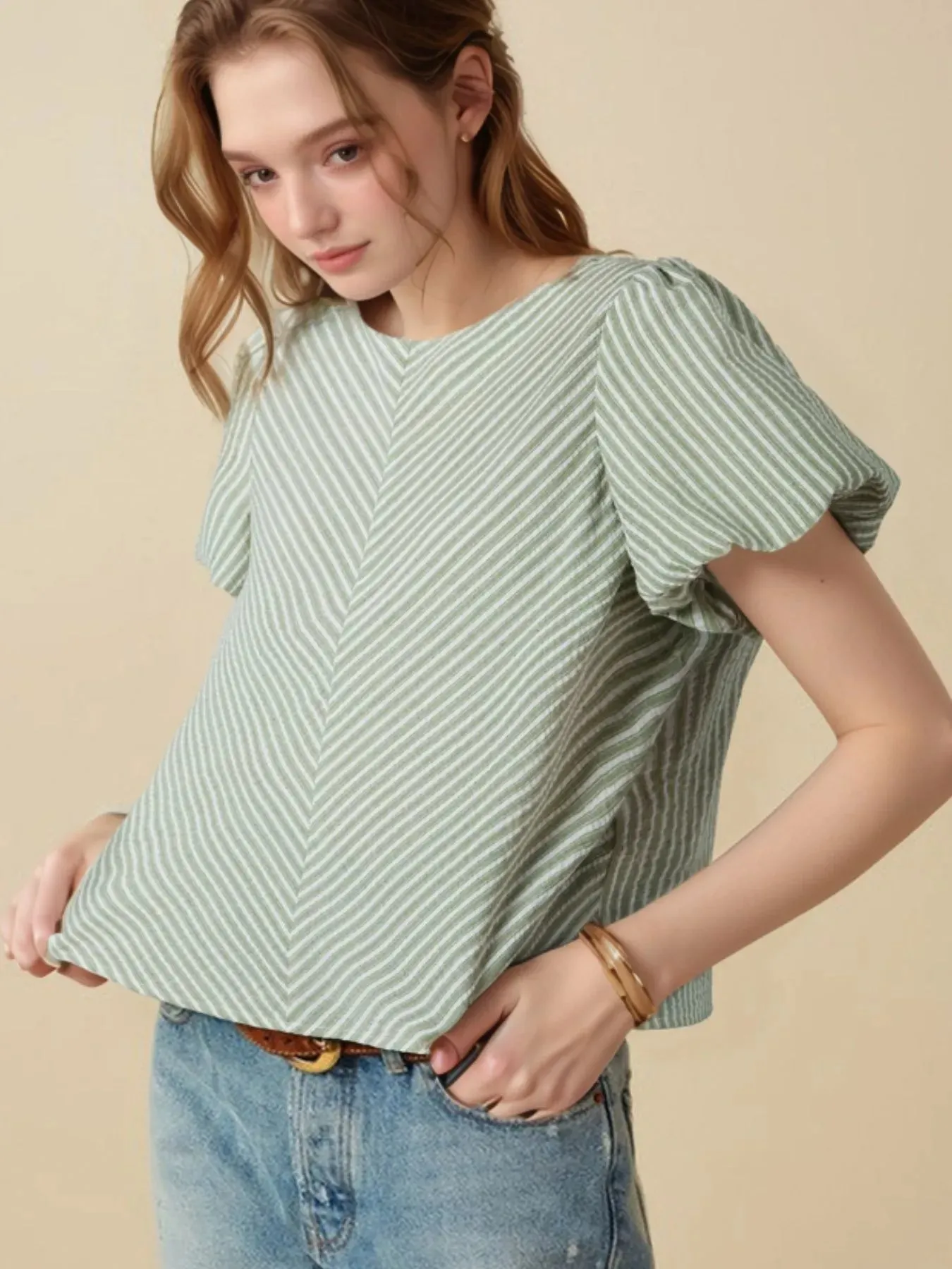 Stripe Textured Round Neck Short Puff Sleeve Blouse sold by Charming Charlie product image thumbnail 2