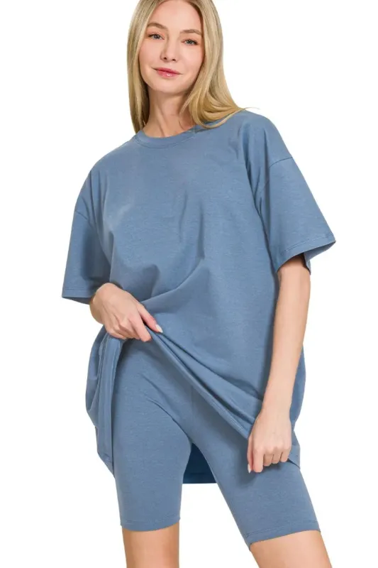 Zenana Cotton Round Neck Top & Biker Shorts sold by Charming Charlie