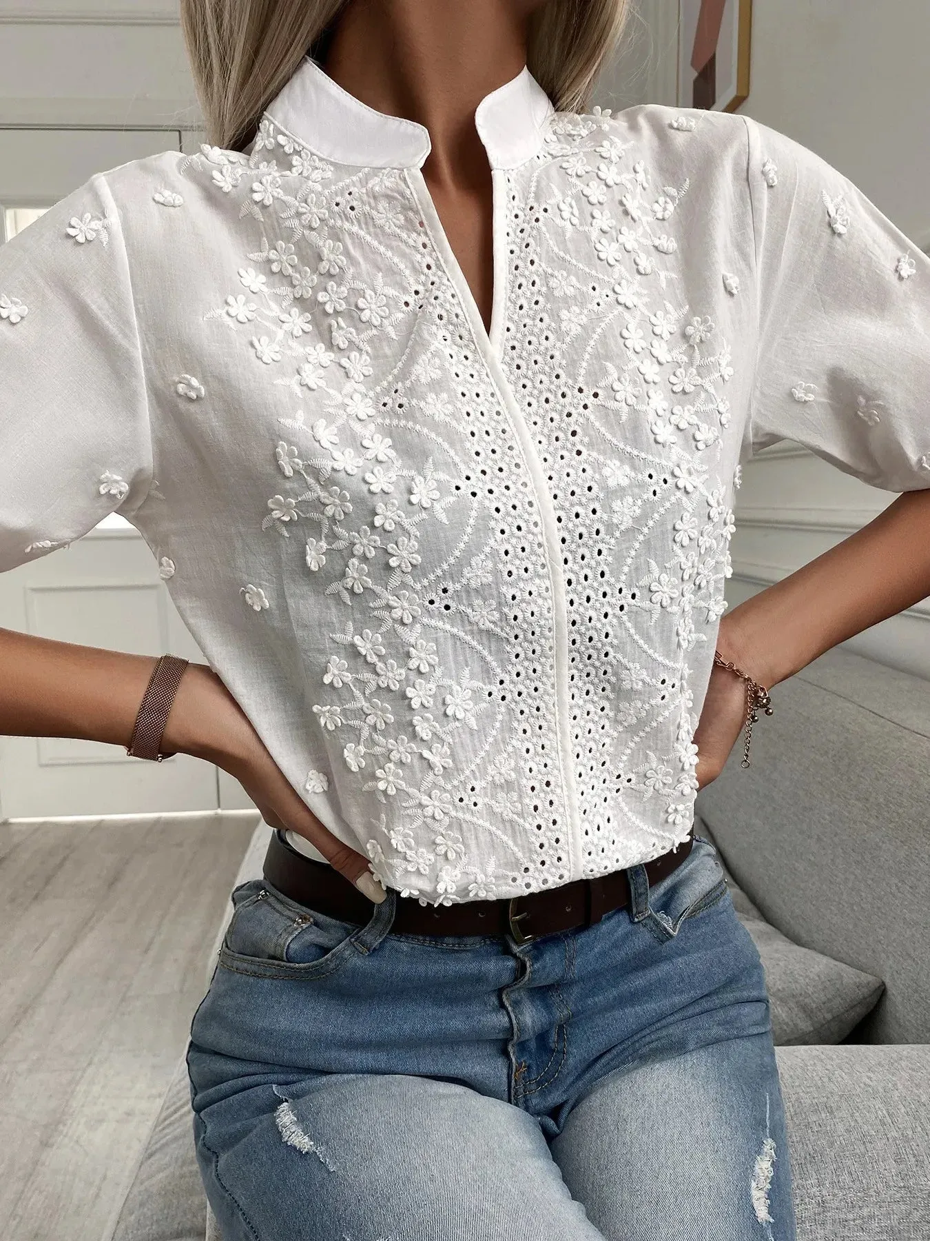 Embroidered Eyelet Notched Half Sleeve Blouse sold by Charming Charlie product image thumbnail 4