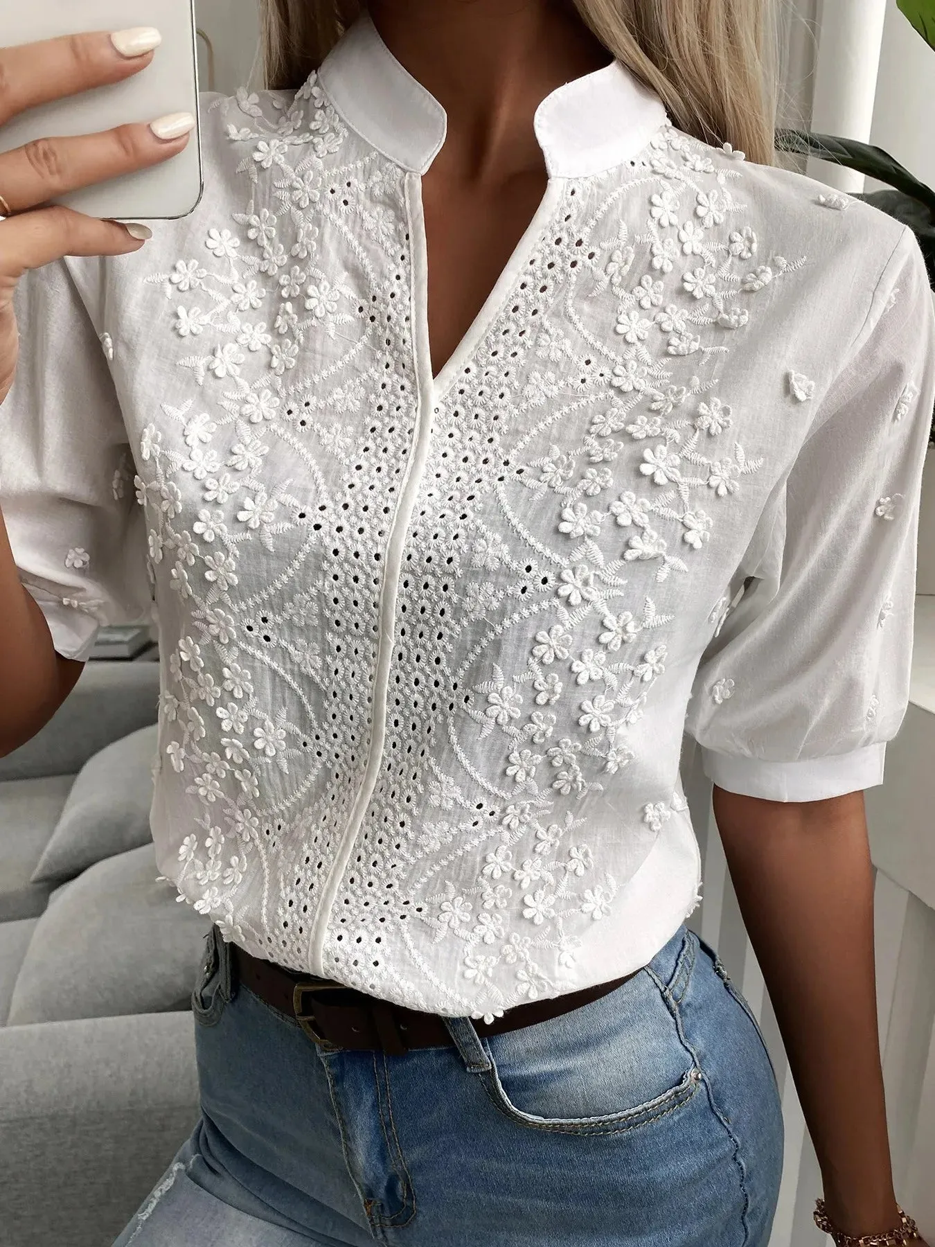 Embroidered Eyelet Notched Half Sleeve Blouse sold by Charming Charlie