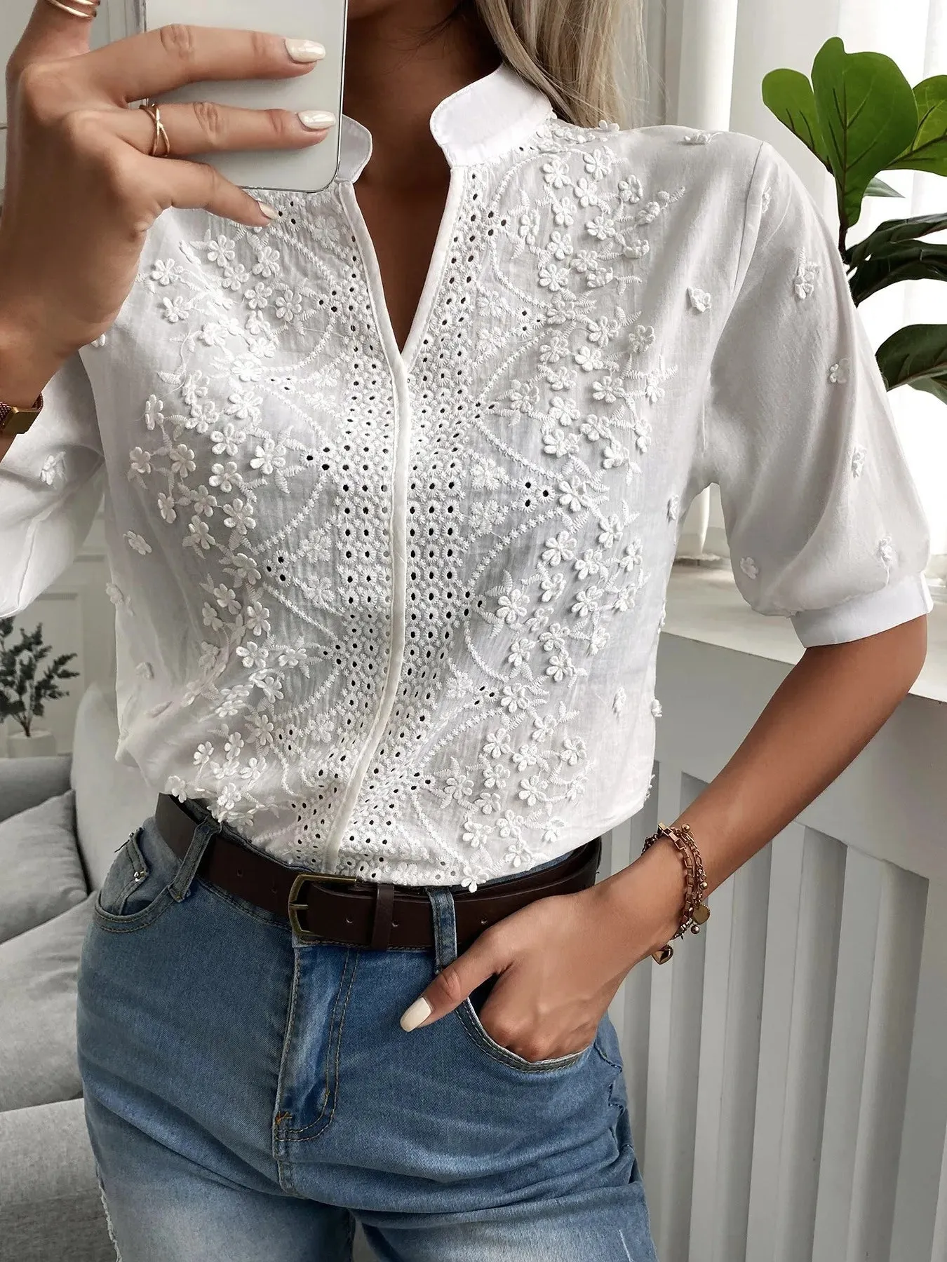 Embroidered Eyelet Notched Half Sleeve Blouse sold by Charming Charlie product image thumbnail 3