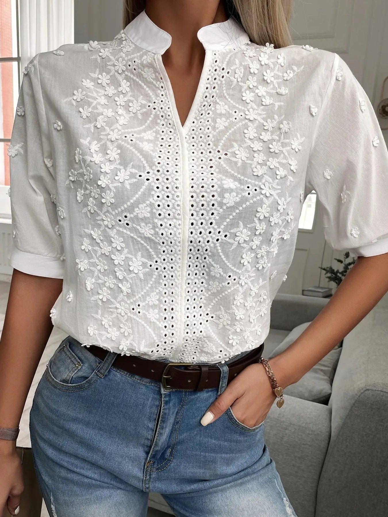 Embroidered Eyelet Notched Half Sleeve Blouse sold by Charming Charlie product image thumbnail 2