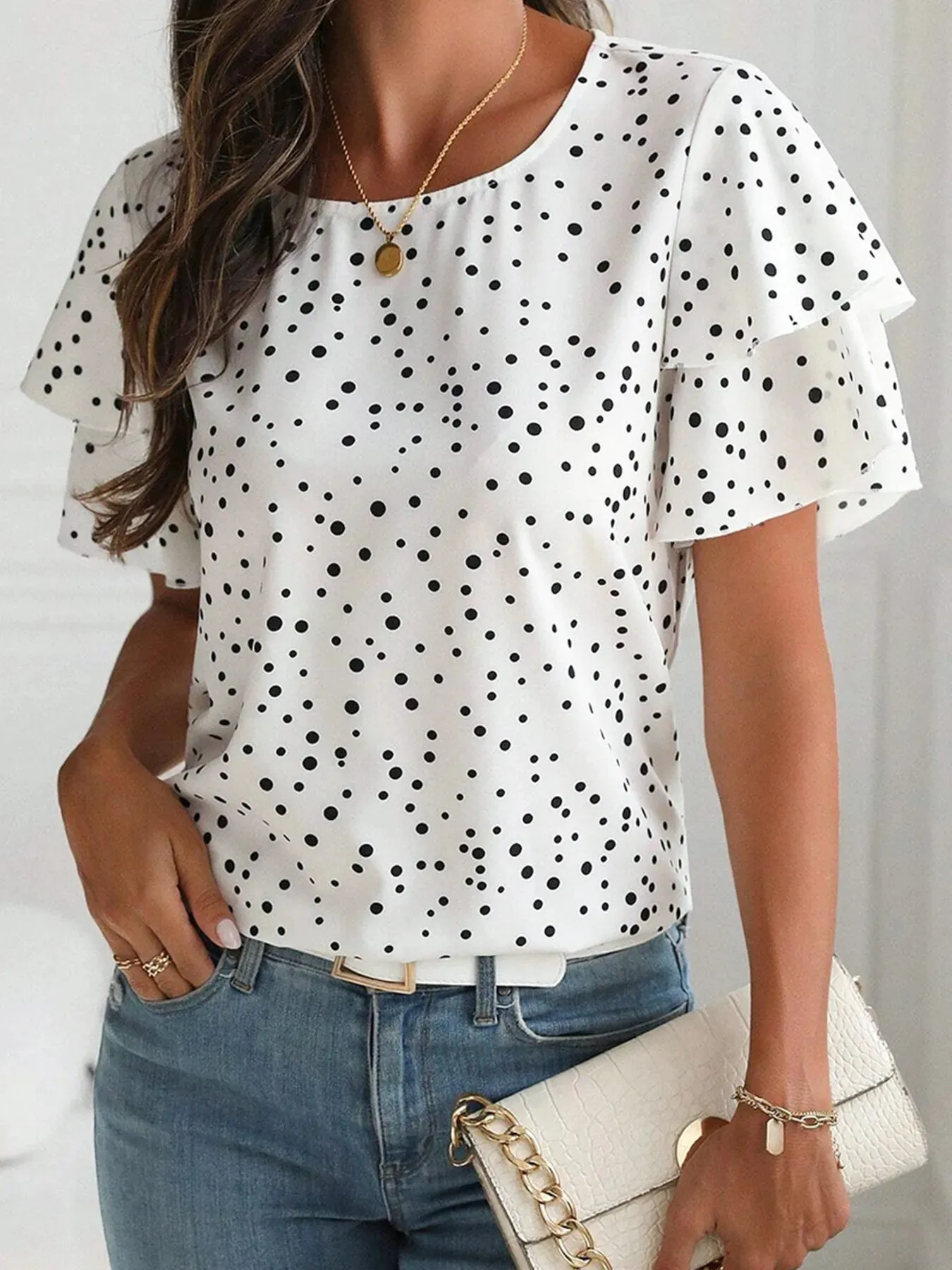 Polka Dot Layered Ruffled Short Sleeve Blouse sold by Charming Charlie product image thumbnail 3