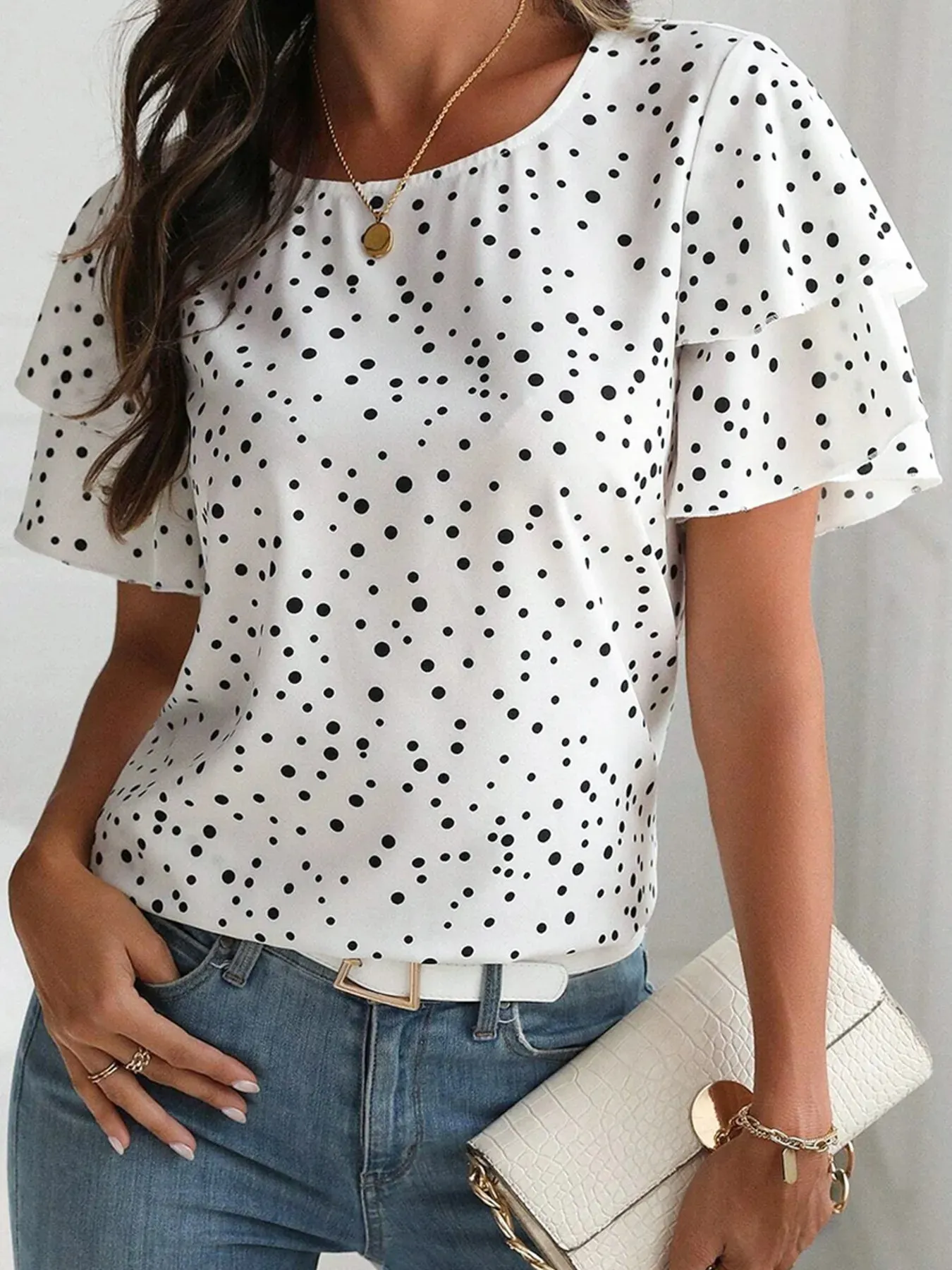 Polka Dot Layered Ruffled Short Sleeve Blouse sold by Charming Charlie