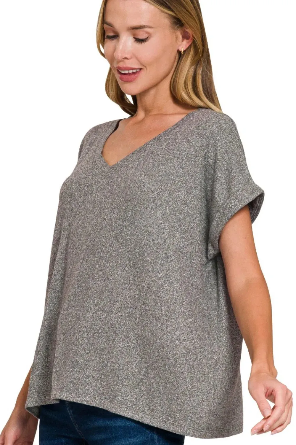 Zenana Soft Melange Hacci V-neck Tee sold by Charming Charlie