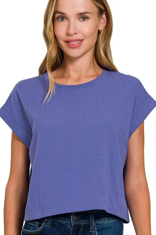 Zenana Cotton Folded Sleeve Top sold by Charming Charlie