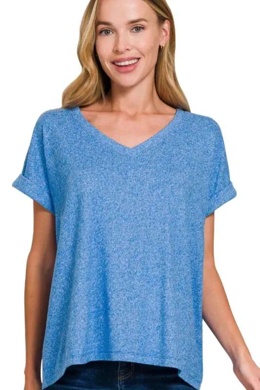 Zenana Soft Melange Hacci V-neck Tee sold by Charming Charlie