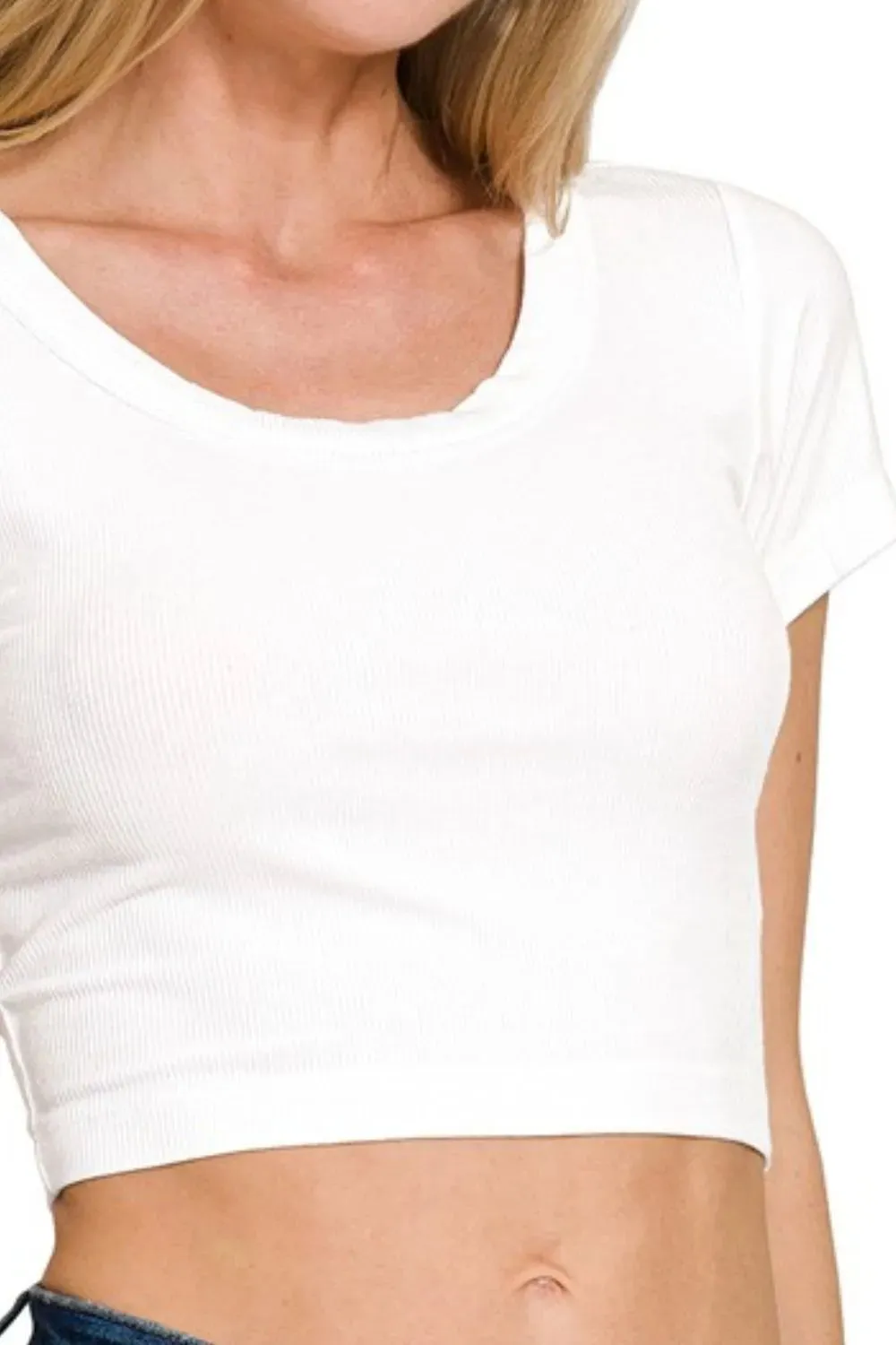 Zenana Ribbed Scoop Neck Crop Short Sleeve Top sold by Charming Charlie product image thumbnail 3