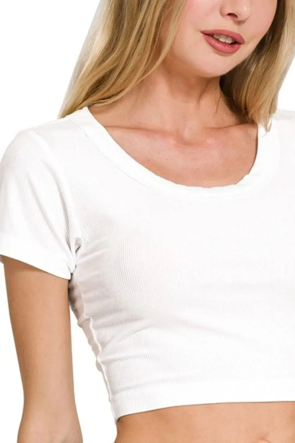 Zenana Ribbed Scoop Neck Crop Short Sleeve Top sold by Charming Charlie product image thumbnail 2