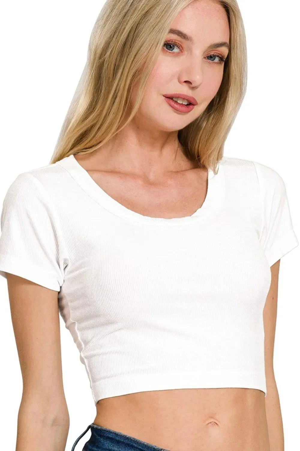 Zenana Ribbed Scoop Neck Crop Short Sleeve Top sold by Charming Charlie