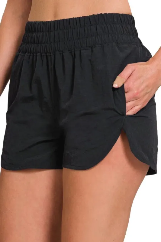 Zenana Windbreaker Smocked Waistband Running Shorts sold by Charming Charlie