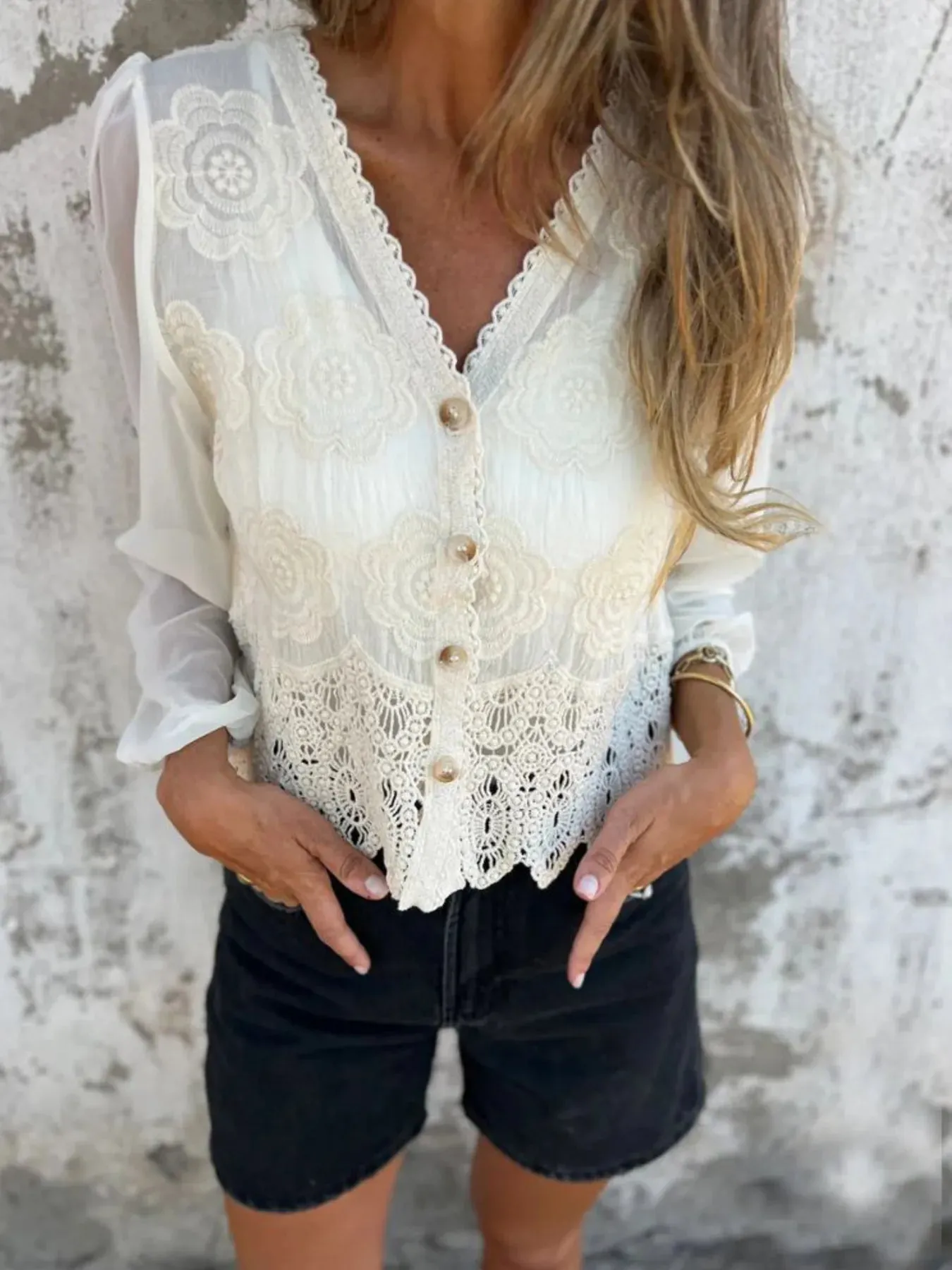Lace V-Neck Button Down Shirt sold by Charming Charlie product image thumbnail 2