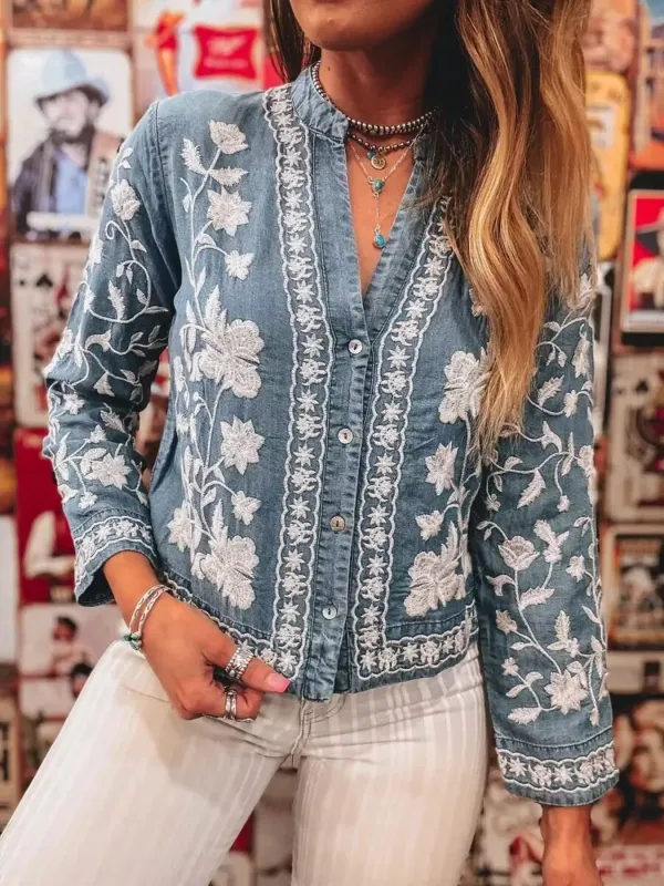 Floral Embroidered Denim Button-Up Top sold by Charming Charlie