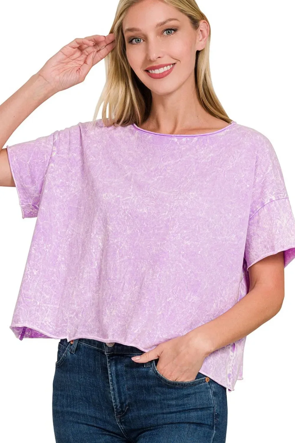 Zenana Washed Crew Neck Short Sleeve Crop Box Tee sold by Charming Charlie product image thumbnail 2