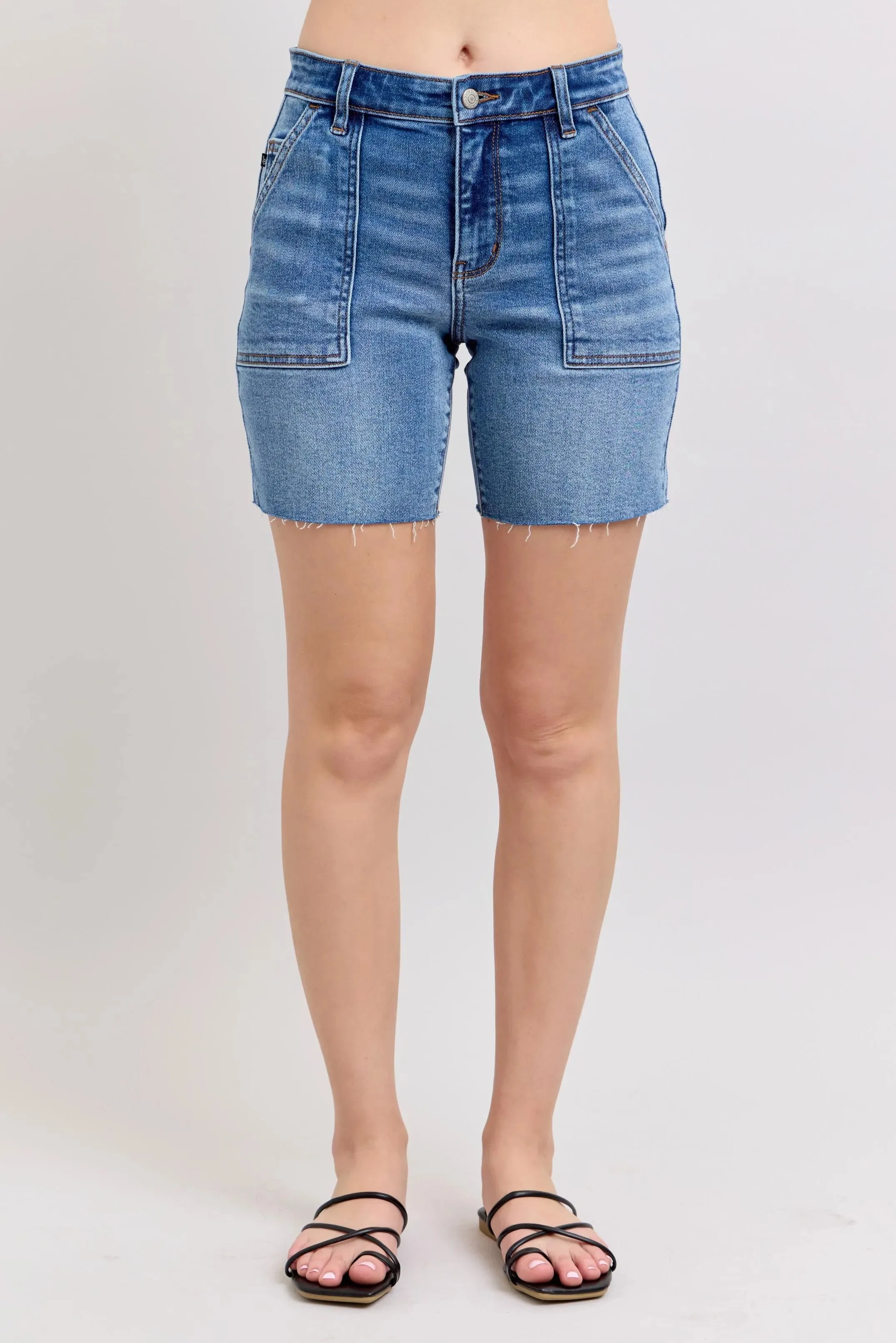Judy Blue Full Size Mid Rise Bermudas Denim Shorts W/ Back Flap Pockets Plus Size sold by Charming Charlie